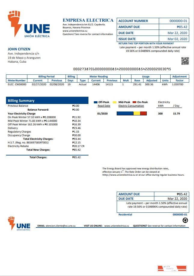 Cuba Empresa Electrica utility bill